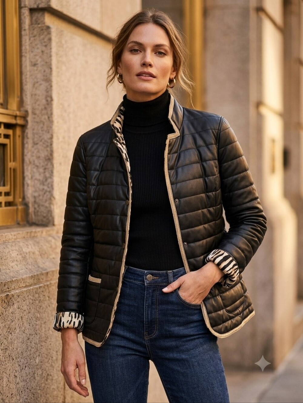 Katherine Barclay Reversible Black Quilted Faux Leather Jacket Animal-Print
